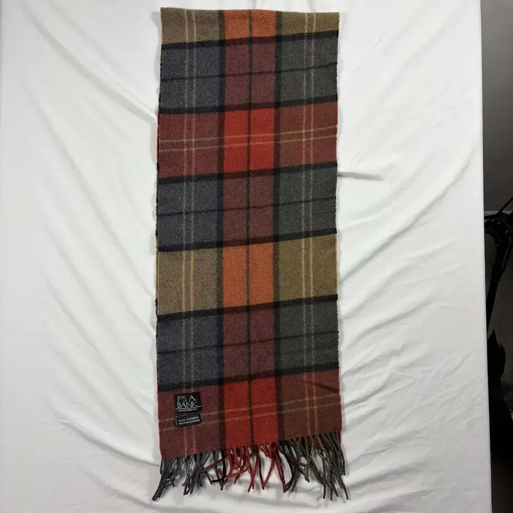 Jos. A. Bank 100% Cashmere Plaid Fringe Scarf in Orange and Charcoal